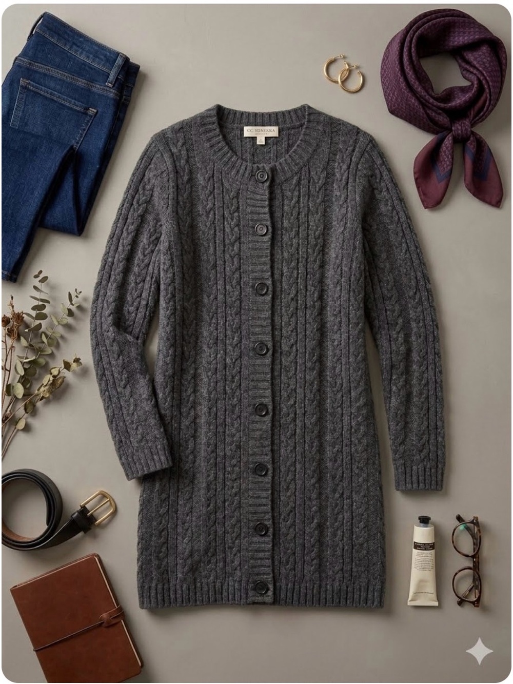 GC Fontana Luxury Cashmere Longline Cable Knit Cardigan Sweater Gray M Duster